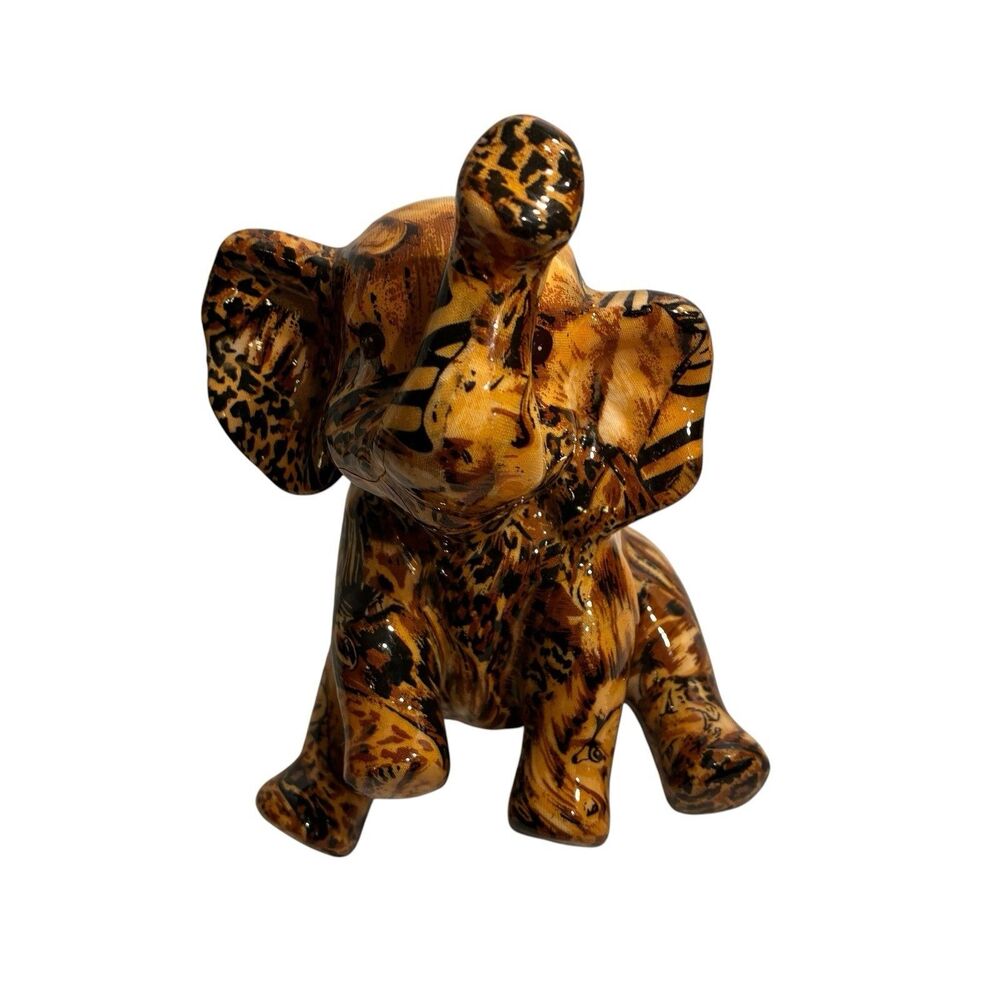 Lavie Safari Vintage Animal Patchwork Figurine 6.5”Sitting Elephant Raised Trunk